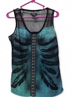 Teenage Runaway Teal Feather Lace-Up Mesh Tank Top